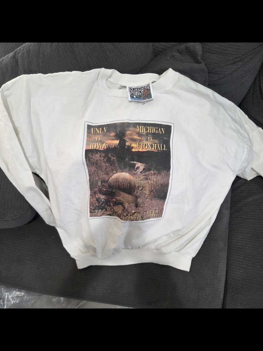 Vintage Northwest Knitting Mills 1989 UNLV vs. Iowa white crewneck sweatshirt